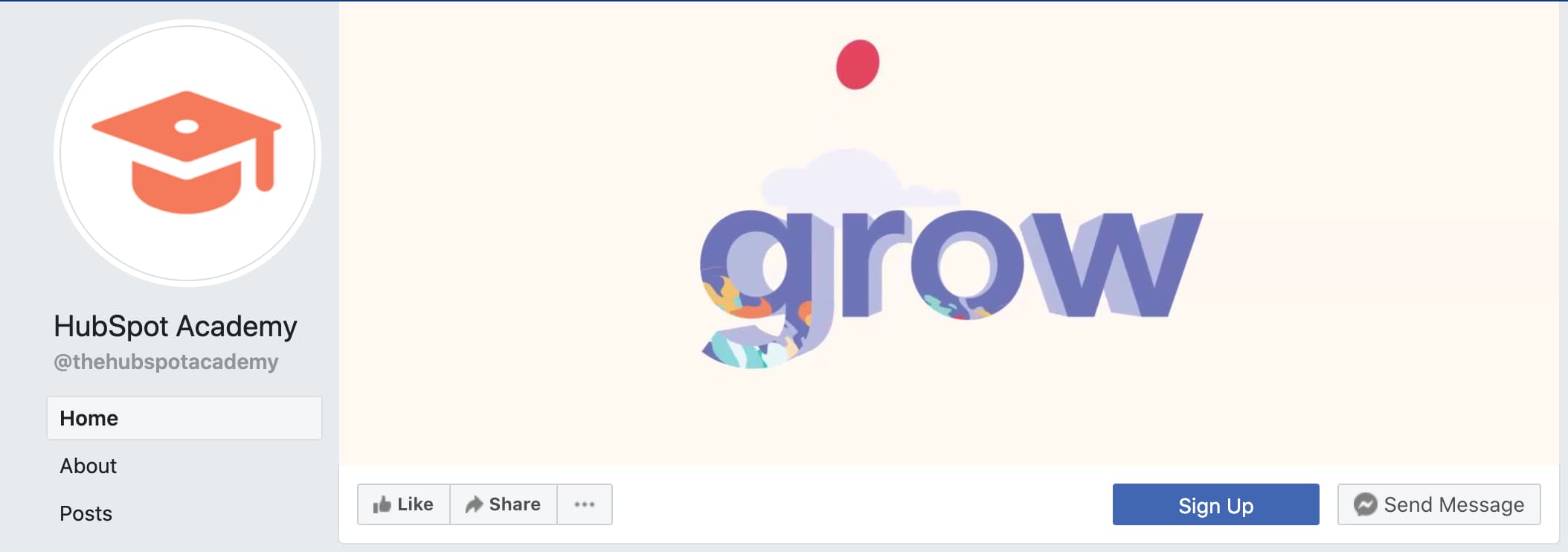 hubspot academy facebook profile page with sign up CTA button